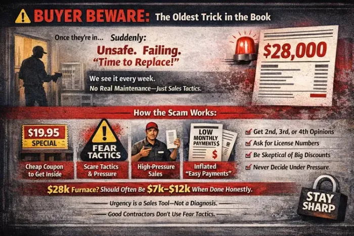 Red-and-black scam warning poster with house, dollar, and contract icons, urging buyers to beware of a fake home-sale scam