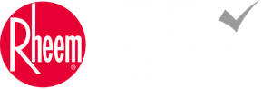 Rheem red logo with a gray checkmark on a white background