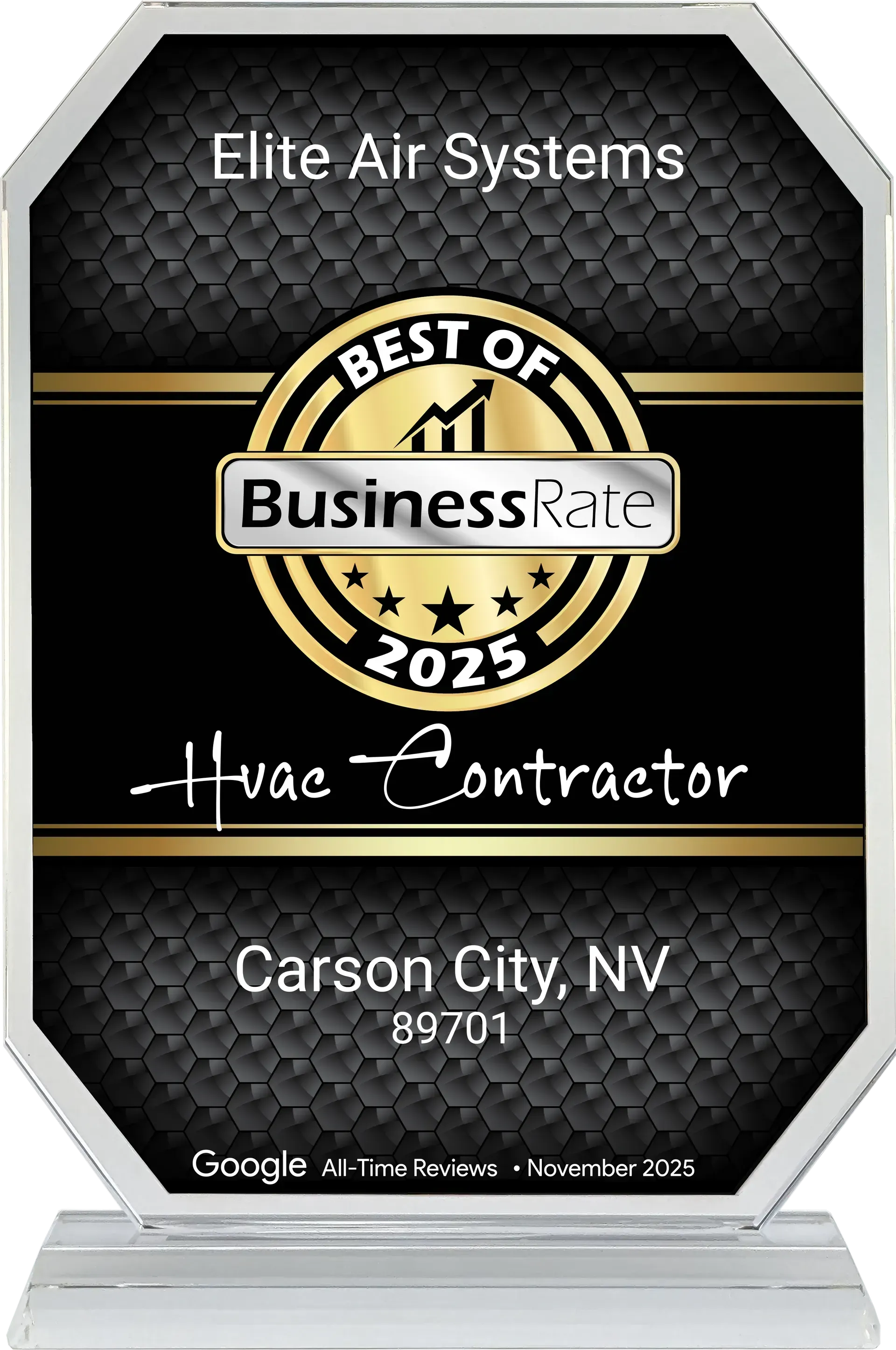 Elite Air Systems Best of BusinessRate 2025 award plaque, Painted Rock, NV, black and gold trophy