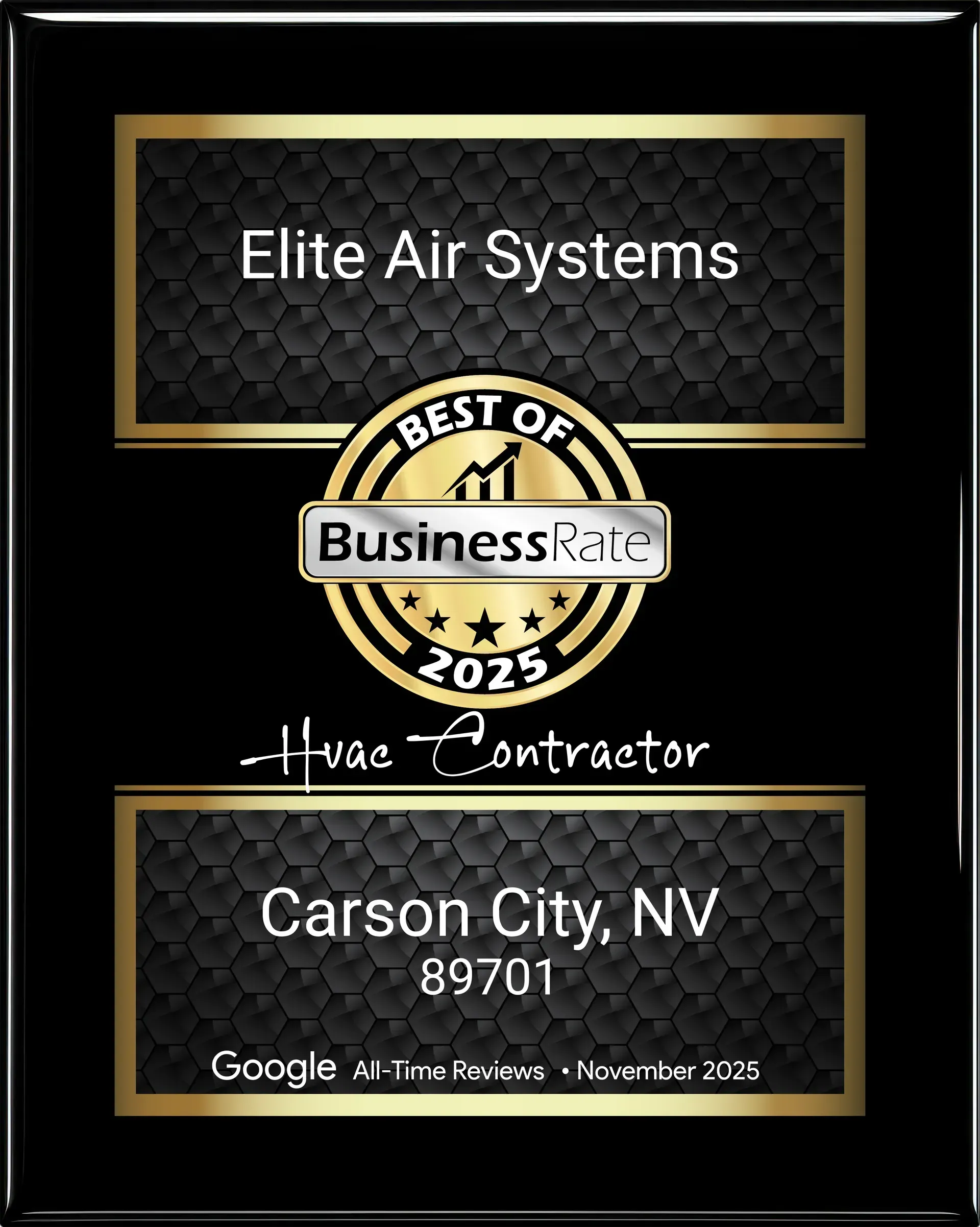 Elite Air Systems plaque with Best of Business 2025 badge for Painted Rock, NV