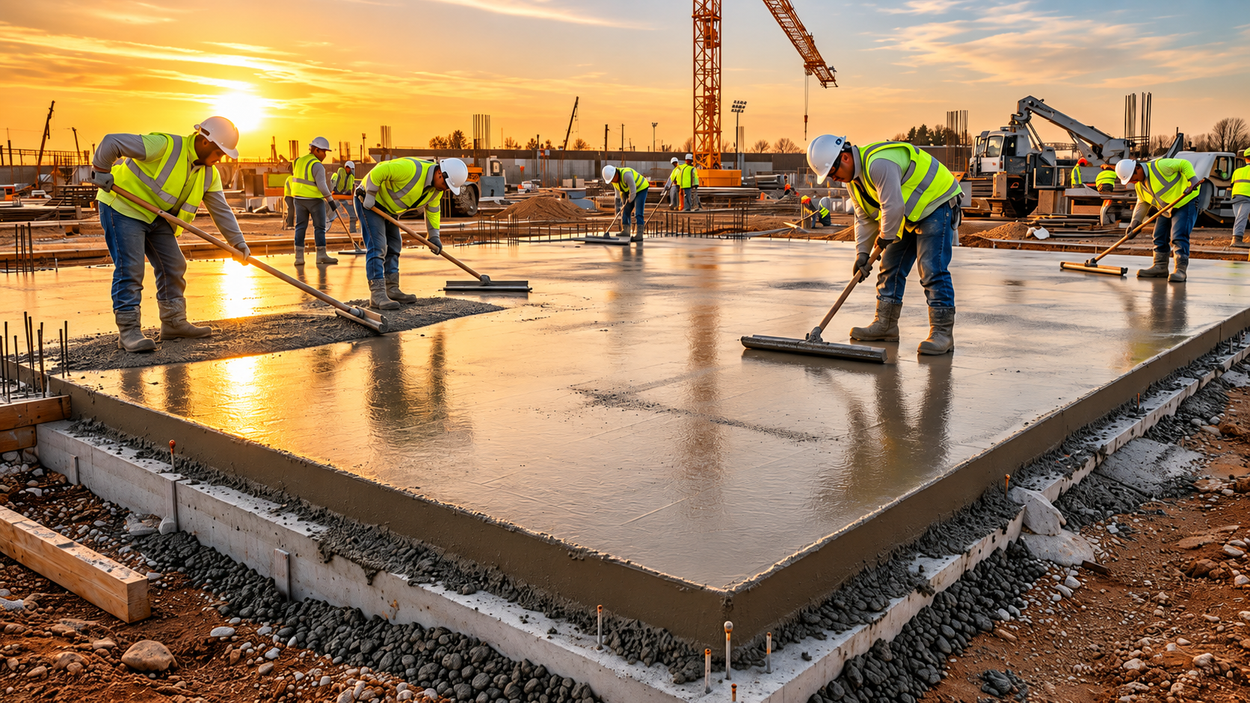 Crew levels freshly poured concrete at sunset during Concrete Services in Eagan, MN for smooth and durable slab surface.