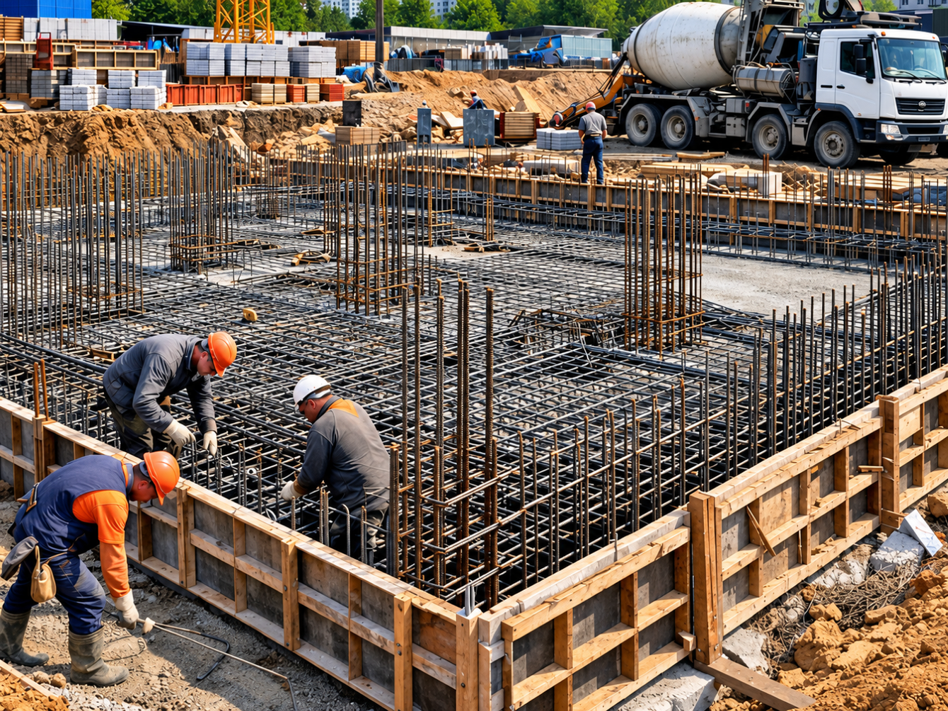 Workers install reinforced concrete around steel bars during Concrete Services in Eagan, MN for a strong structural base
