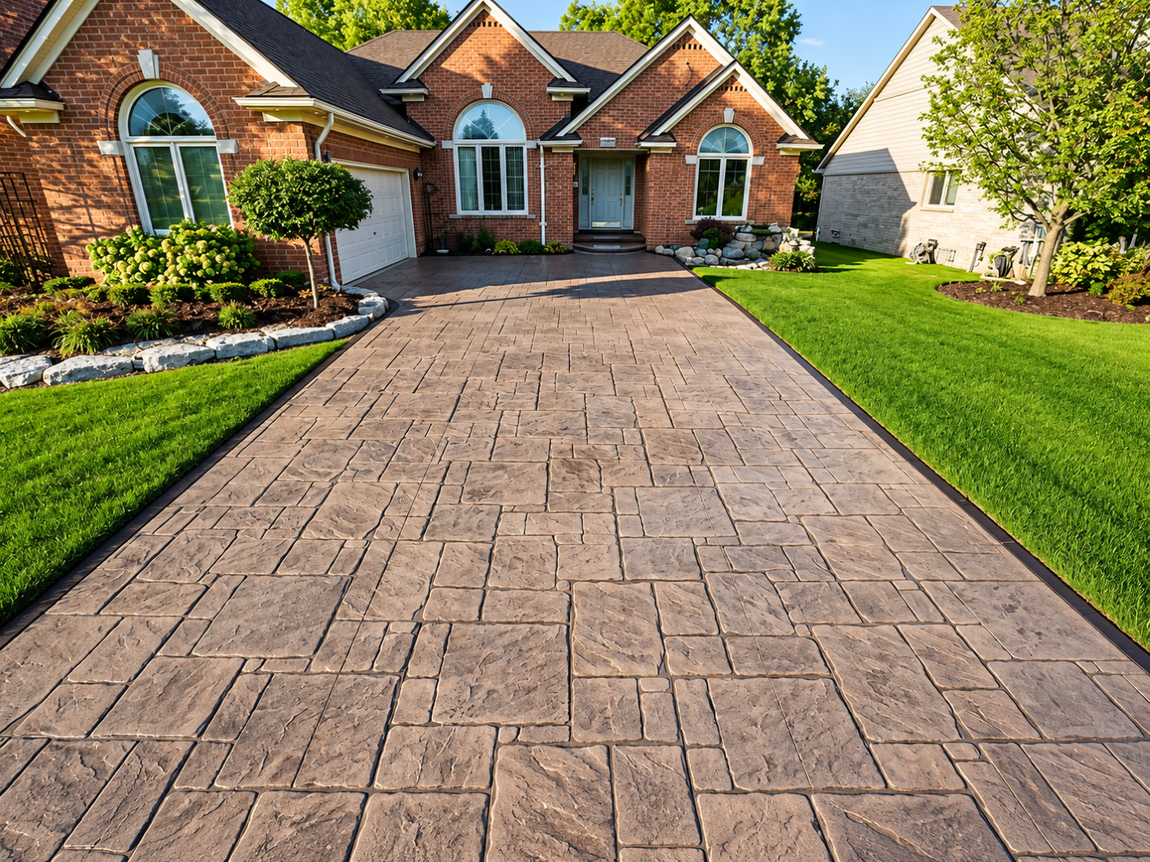 Stamped concrete driveway leads to the brick home after Concrete Services in Eagan, MN created a lasting front entrance.