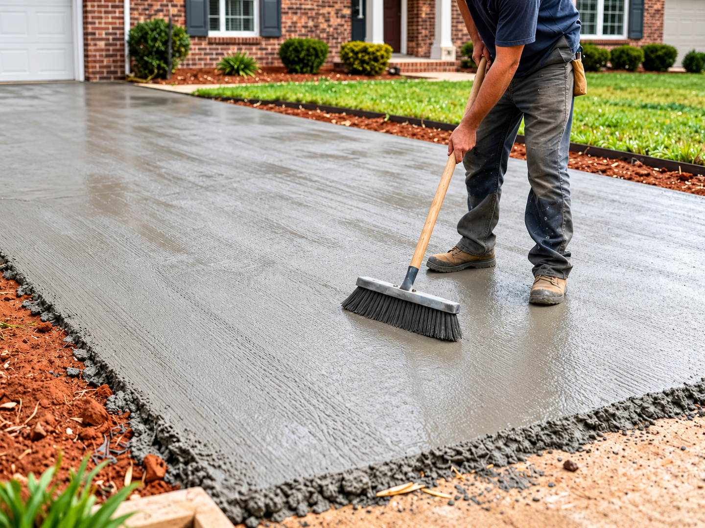 Worker smooths a freshly poured driveway with a broom during Concrete Services in Eagan, MN for a clean textured finish.