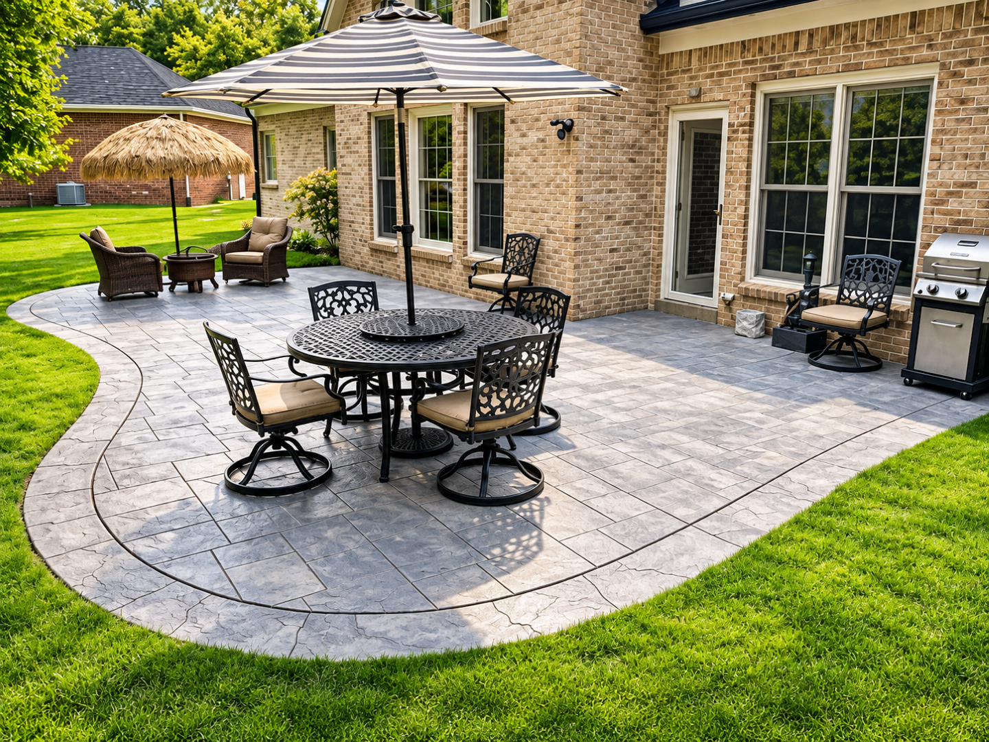 Finished concrete patio with outdoor furniture near a home after Concrete Services in Eagan, MN for backyard gatherings.