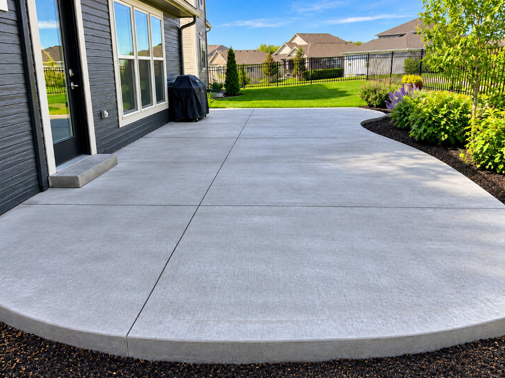 Wide concrete patio beside a home offers neat outdoor space after Concrete Services in Eagan, MN for daily backyard use.