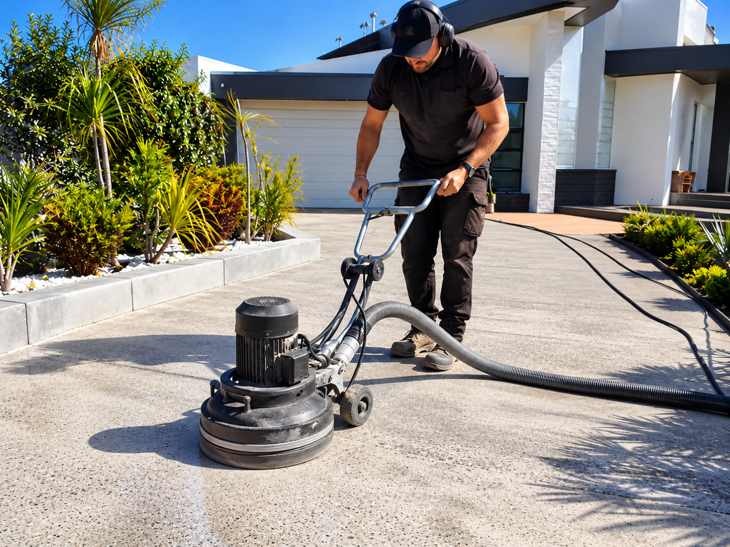 A worker grinds damaged concrete surface during Concrete Services in Eagan, MN to prepare it for a smooth repair finish.