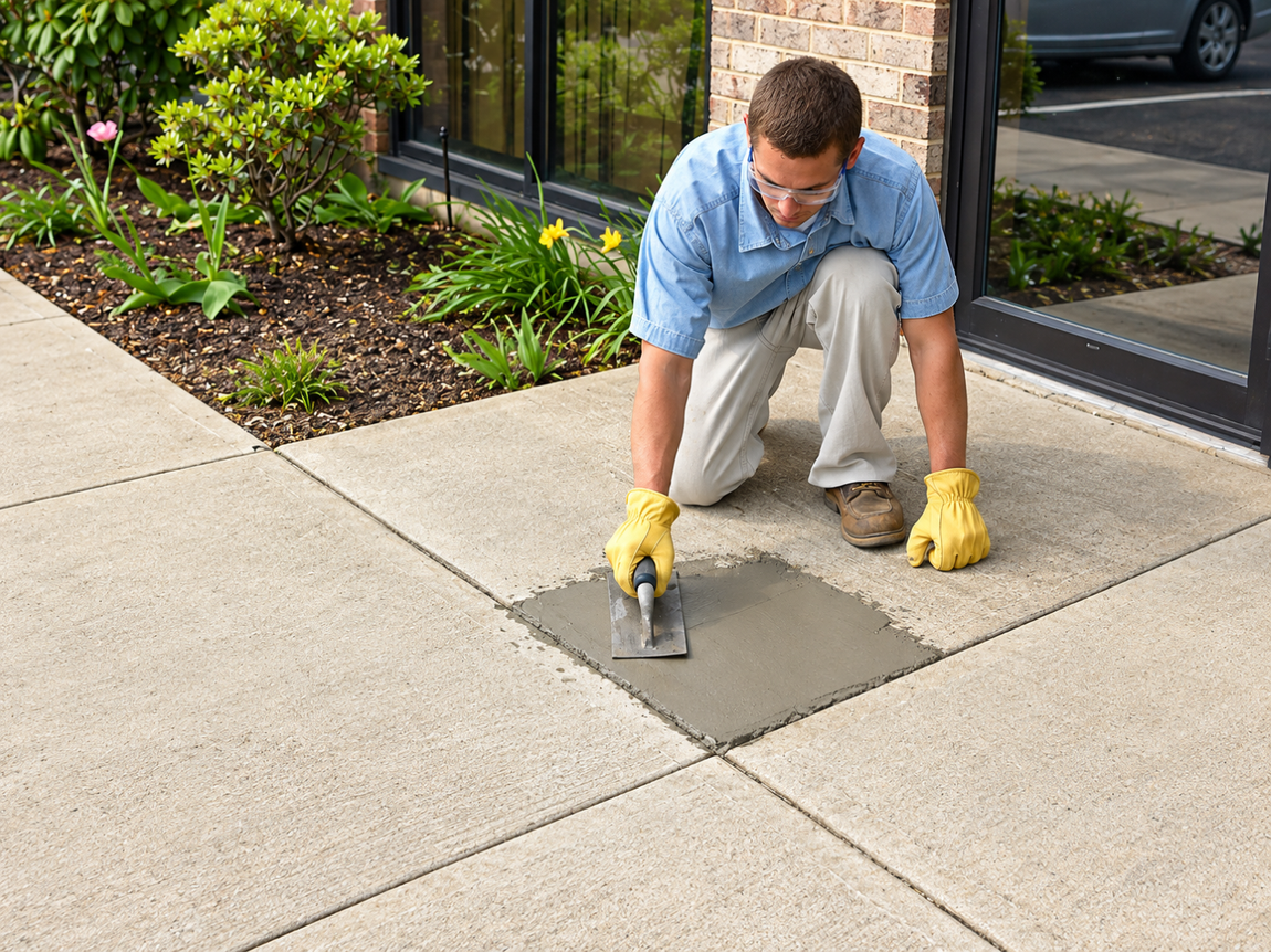 Worker patches a cracked concrete walkway during Concrete Services in Eagan, MN to restore a safer and smoother surface.