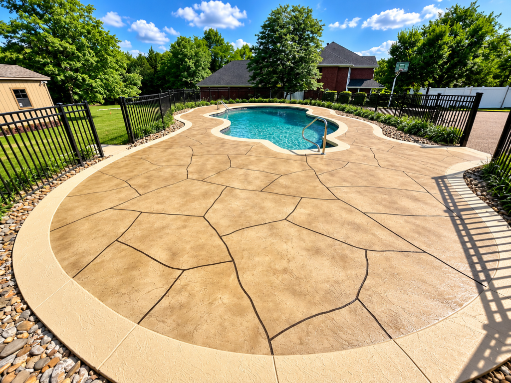 Stamped concrete pool deck features a decorative pattern after Concrete Services in Eagan, MN for stylish outdoor space.