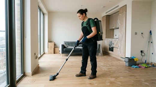 Commercial cleaner vacuuming dust in post construction residential interior space