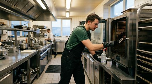 Restaurant kitchen cleaner scrubbing commercial oven during deep cleaning service
