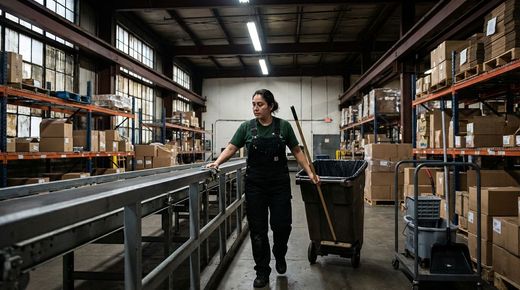 Warehouse janitorial worker inspecting conveyor line during industrial cleaning shift