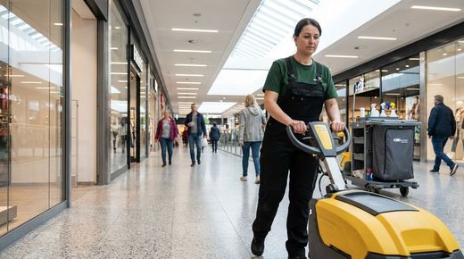 Woman operates floor cleaning machine in bright shopping mall corridor with shoppers creating busy orderly atmosphere