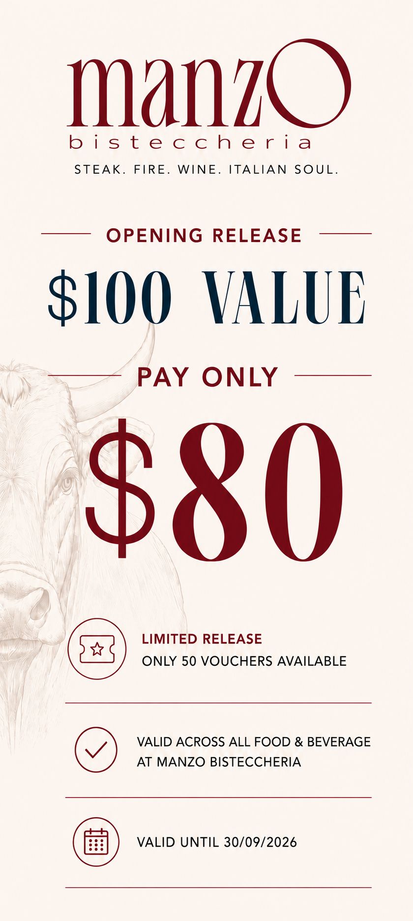 Manzo Osteria $100 value gift card offer, pay only $80, on a cream and burgundy flyer