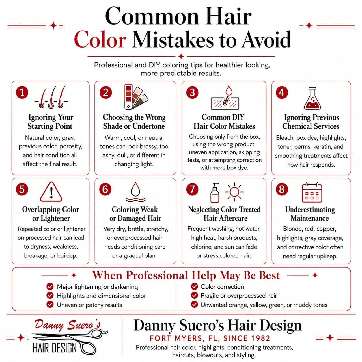 Infographic showing eight common hair color mistakes to avoid.