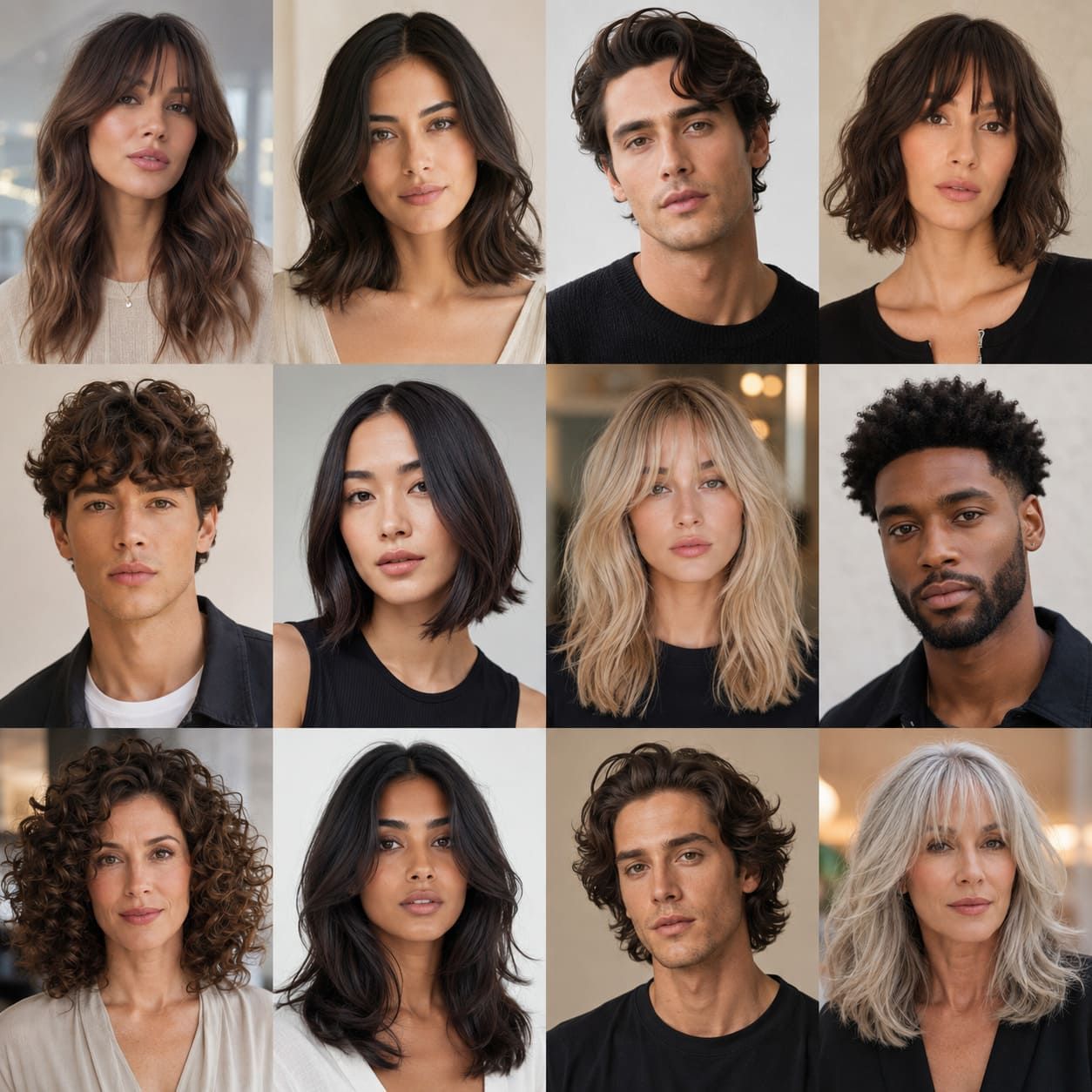 Salon hairstyle collage with flattering cuts for long oblong face shapes.