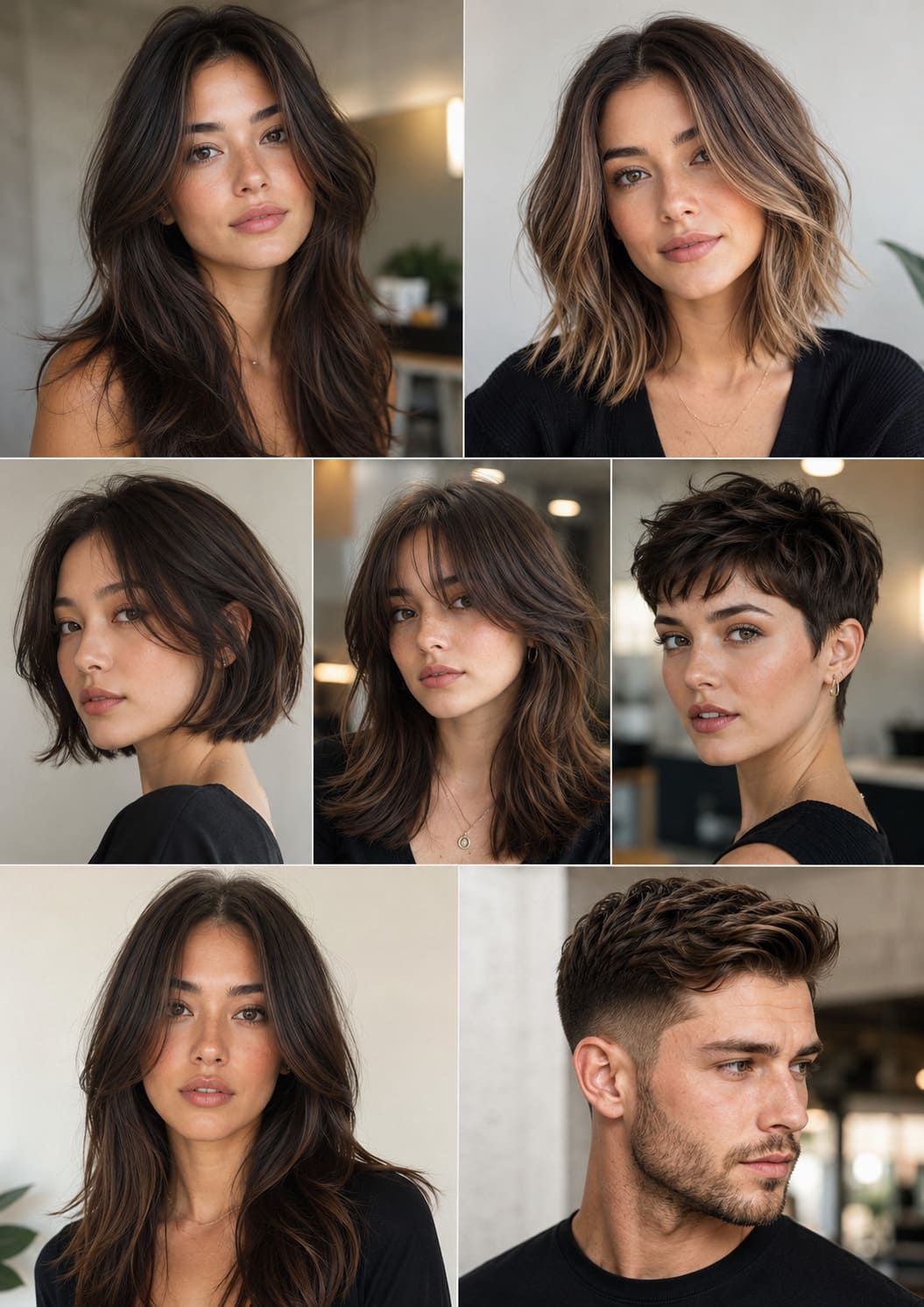 Collage of salon hairstyle portraits featuring layered cuts, bobs, curtain bangs, pixie cuts, and a classic men’s haircut.