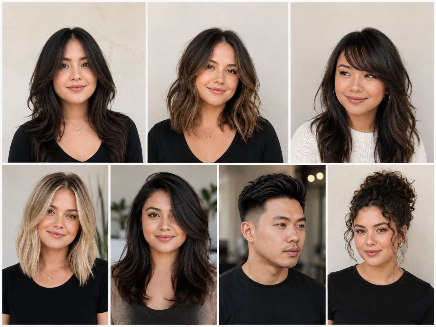 A collage of flattering haircut styles for round face shapes, including long layers, lobs, side-swept bangs, and textured cuts.
