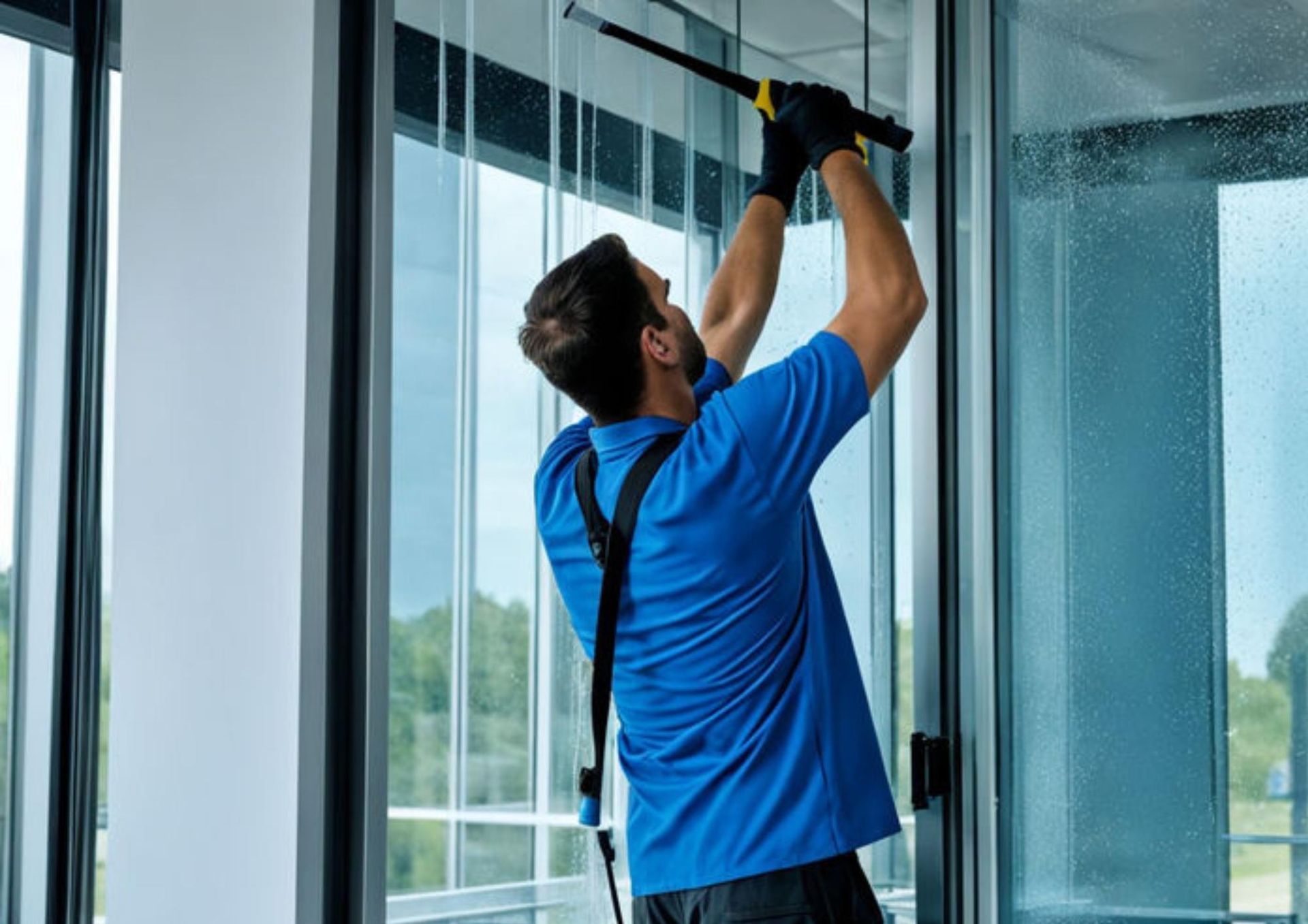 A man in a blue shirt is cleaning a window with a hose.