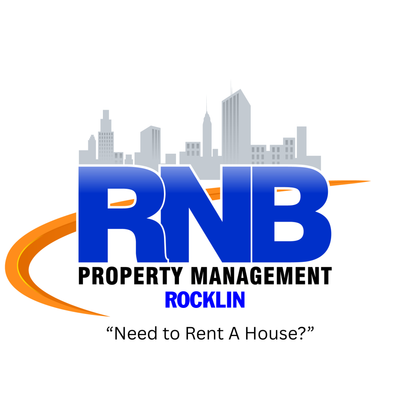 RNB Property Management Rocklin logo with blue text, orange swoosh, skyline, and “Need to Rent A House?” tagline
