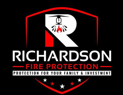 Richardson Fire Protection logo with red shield, flame-sprinkler icon, and “Protection for your family & investment” tagline