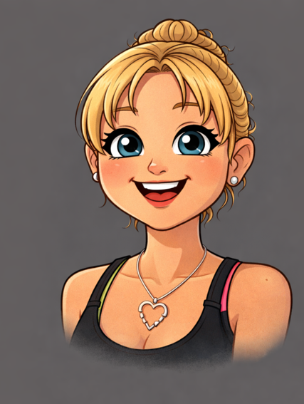 Smiling cartoon character with blonde hair in a bun, wearing a black top and heart pendant necklace.