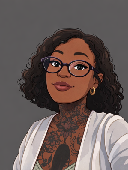 Portrait illustration of a smiling person with curly hair, glasses, gold hoop earrings, and floral chest tattoo
