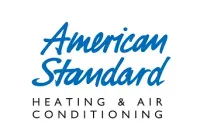 the american standard heating and air conditioning logo is blue and black on a white background .