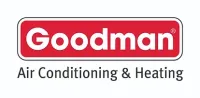 the logo for goodman air conditioning and heating is red and white .