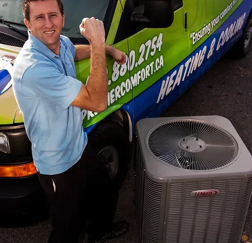 a man leaning against a heating and cooling van
