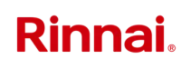 a red logo for a company called rinnai on a white background .