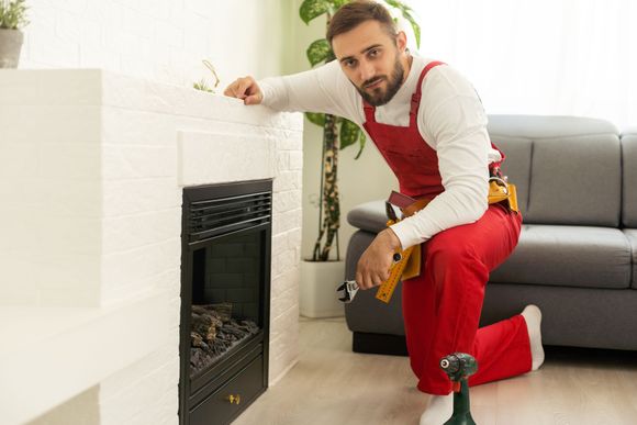 a man is kneeling down in front of a fireplace in a living room .