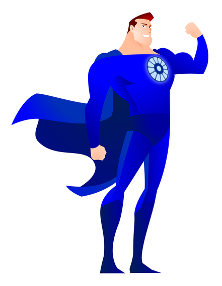 A man in a blue superhero costume with a cape.