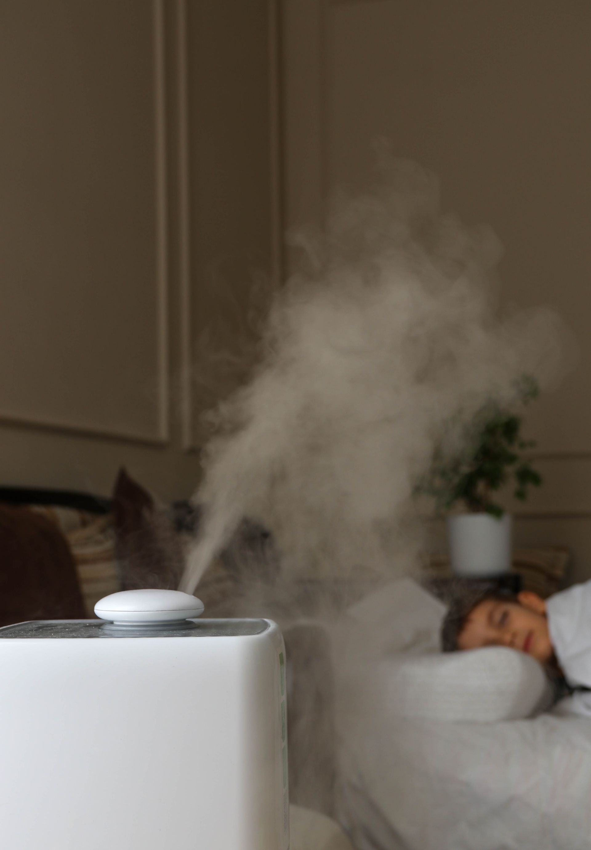 a person is sleeping in a bed next to a humidifier .