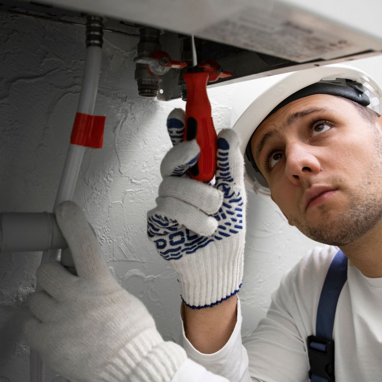 a man wearing gloves and a hard hat is working on a pipe