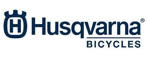 Logo Husqvarna Bicycles in blu scuro e nero su sfondo bianco.