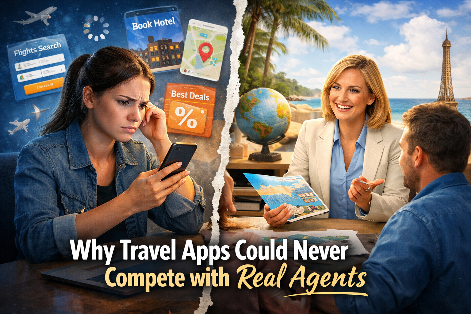 A divided image: woman frustrated with phone vs. travel agent couple happily planning, with travel app interfaces.
