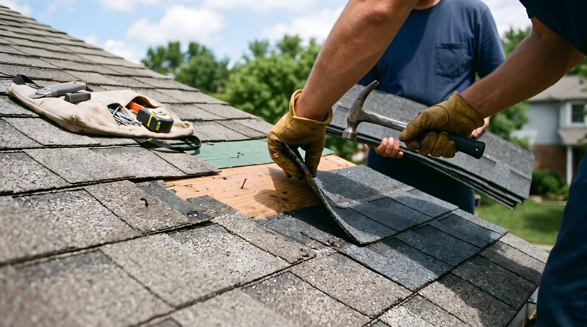 Residential roofing contractor removing damaged asphalt shingles during roof repair