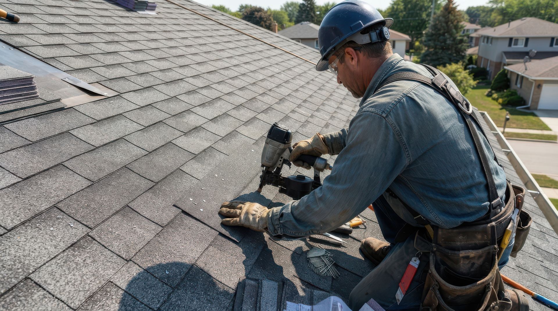 Residential roofing contractor installing new asphalt shingles on a roof