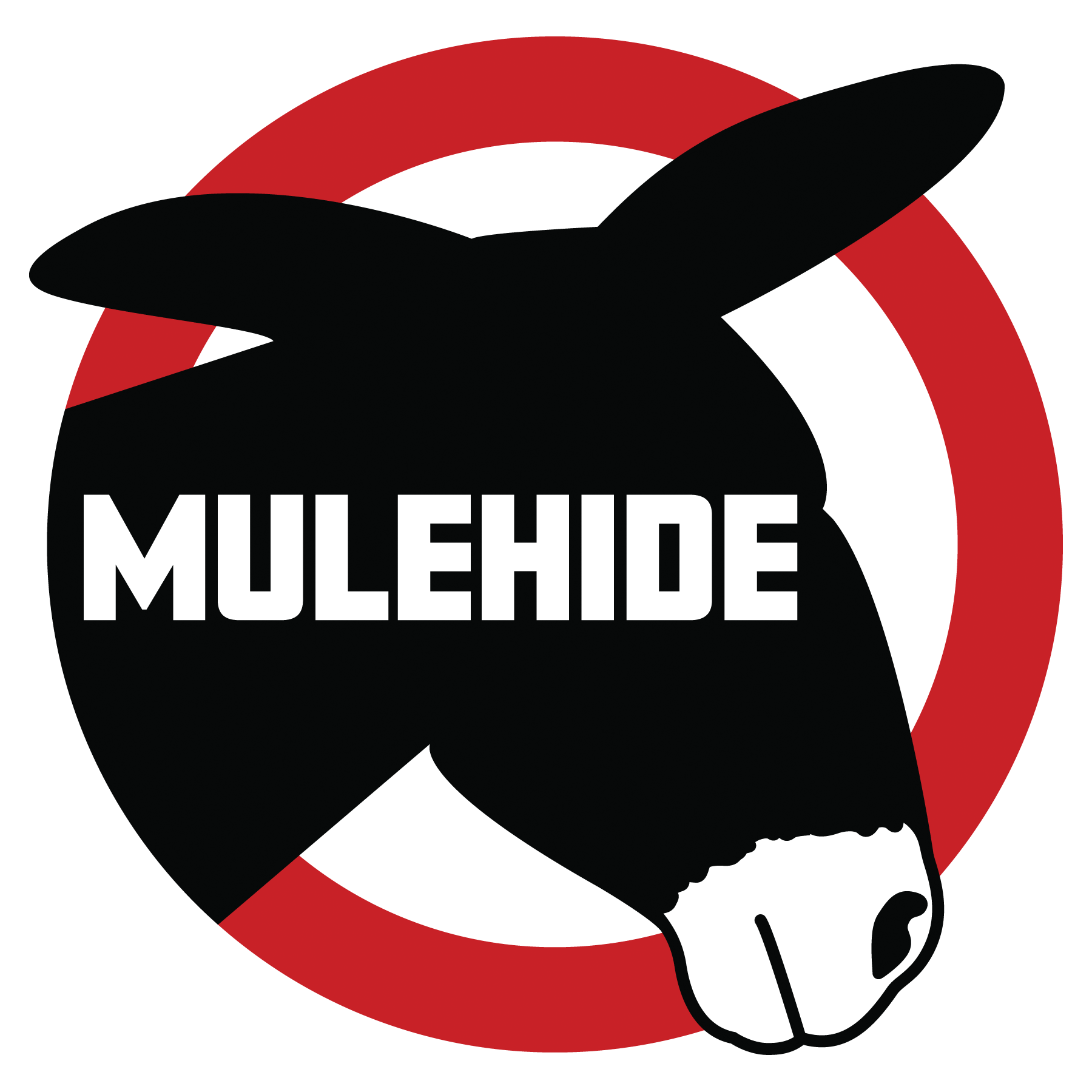 Black donkey head within a red circle, text reads