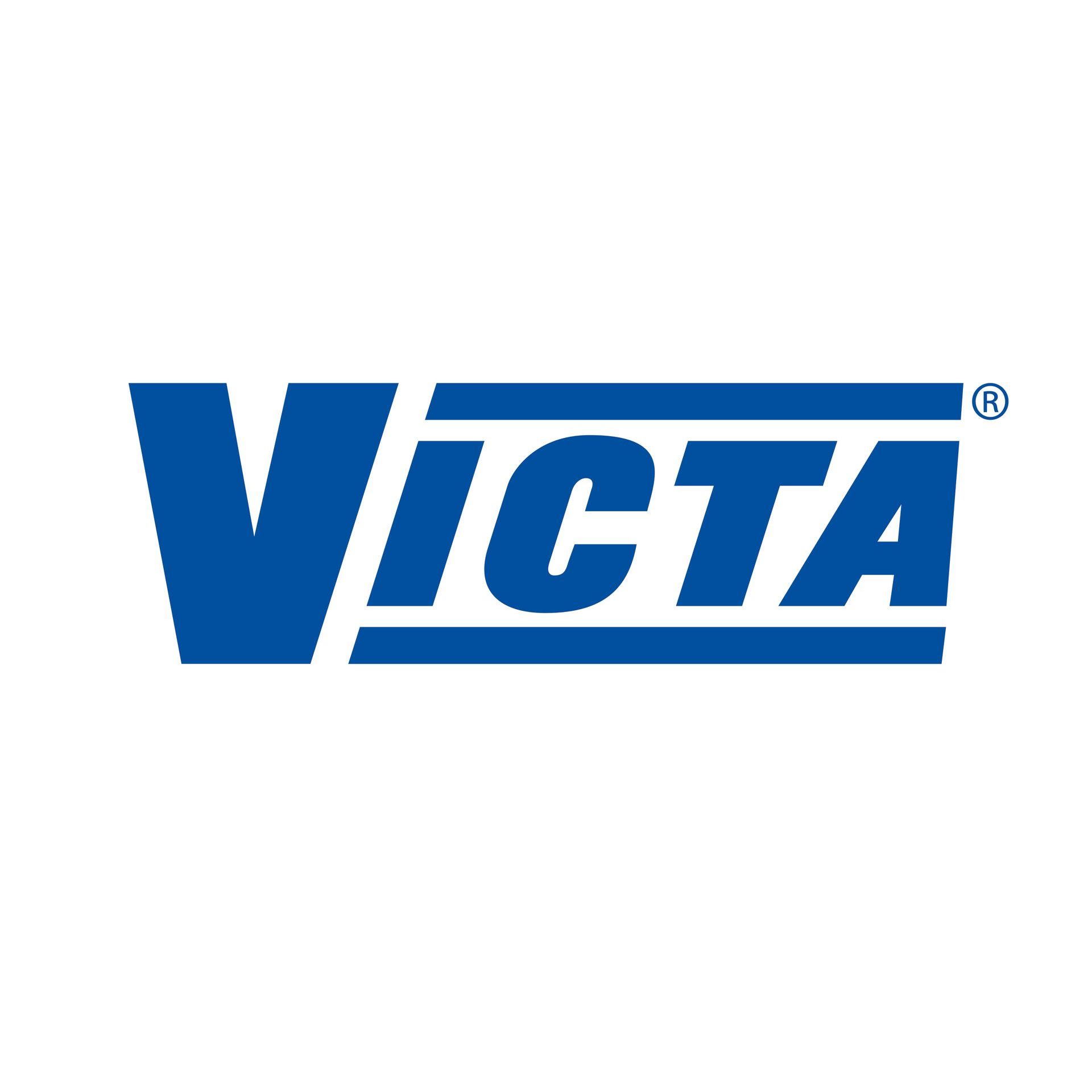 a blue and white logo for victa on a white background