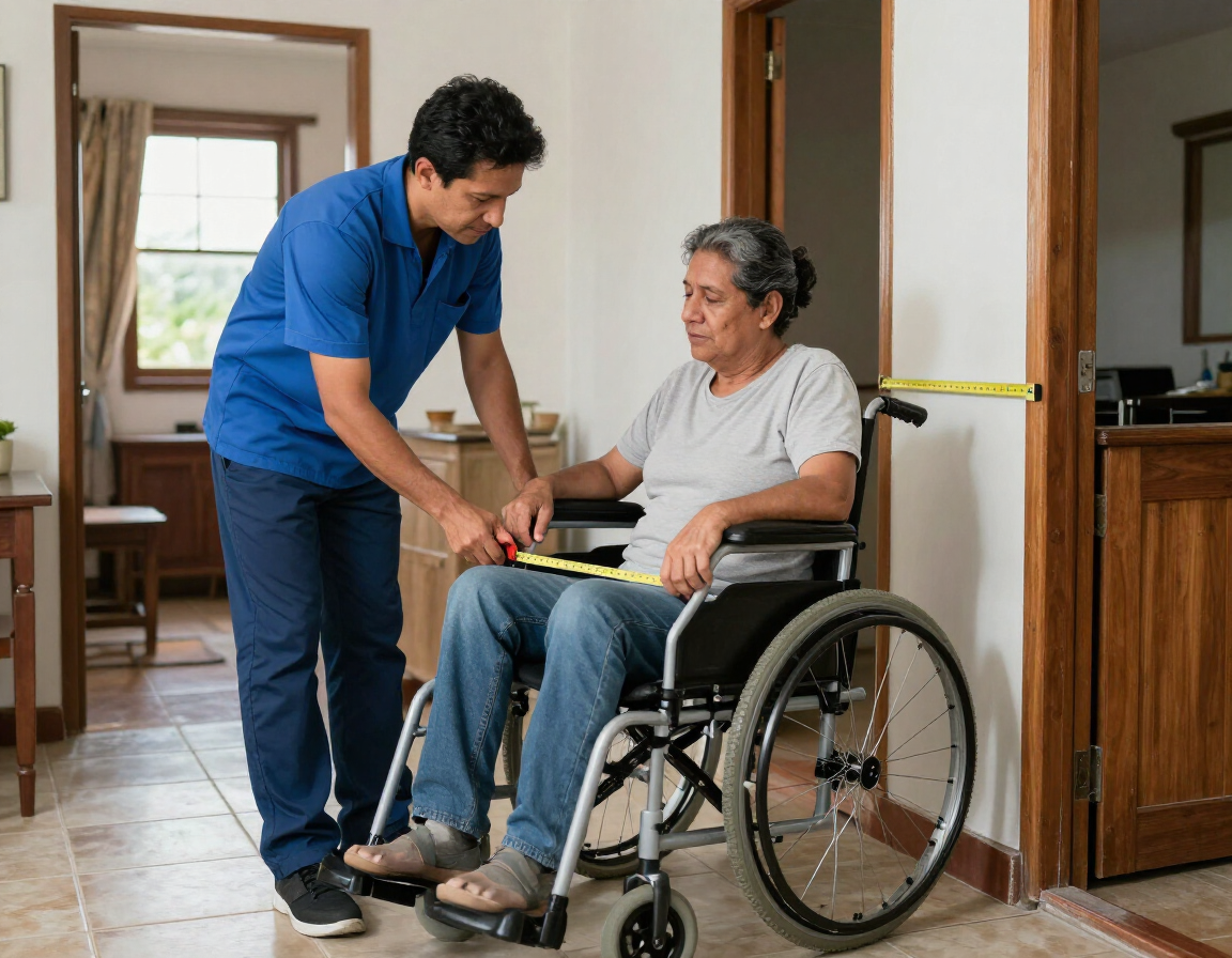 Cuidador revisando medidas y accesorios de una silla de ruedas