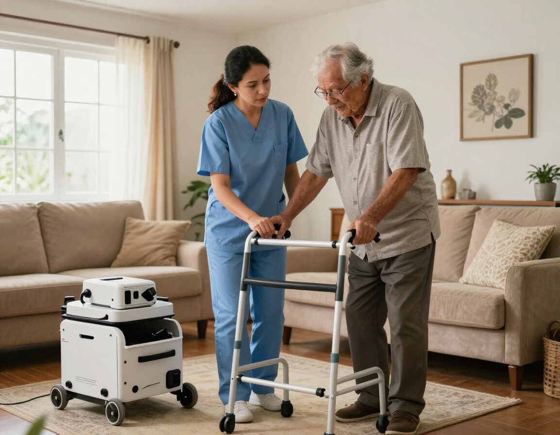 Cuidadora revisando un caminador y equipo médico en casa