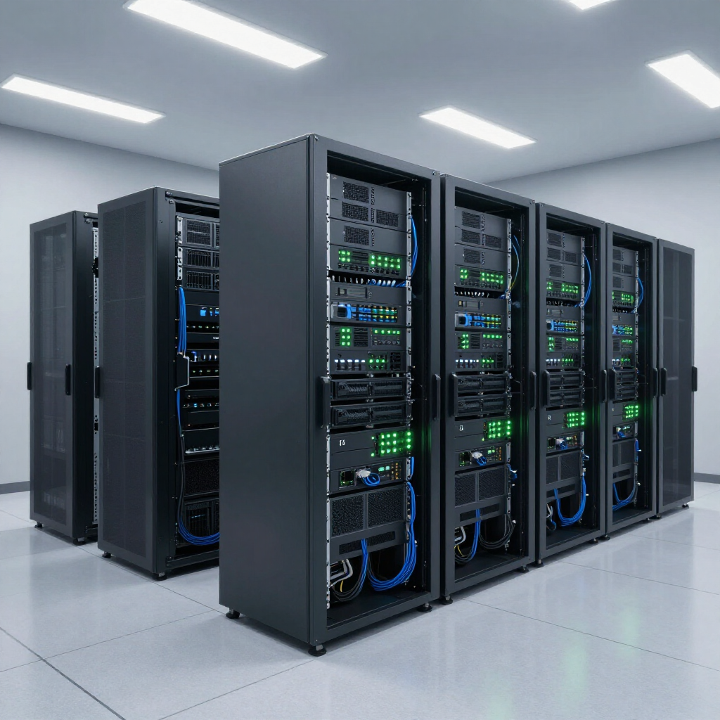 Eine Reihe schwarzer Serverracks mit leuchtenden grünen Statusleuchten in einem sauberen, hell erleuchteten Rechenzentrum.