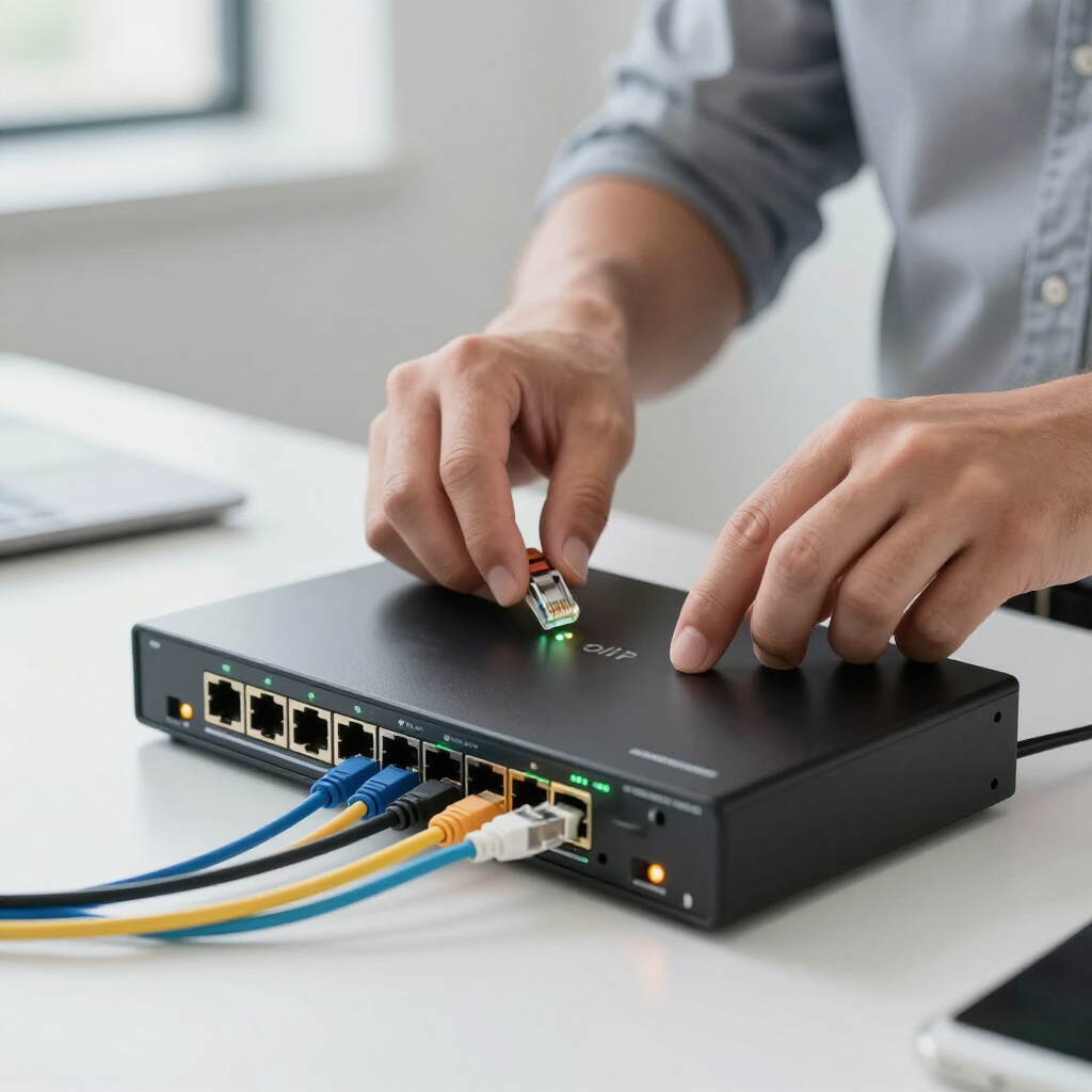 Eine Person schließt ein Ethernet-Kabel an einen schwarzen Netzwerk-Switch auf einem weißen Schreibtisch an.