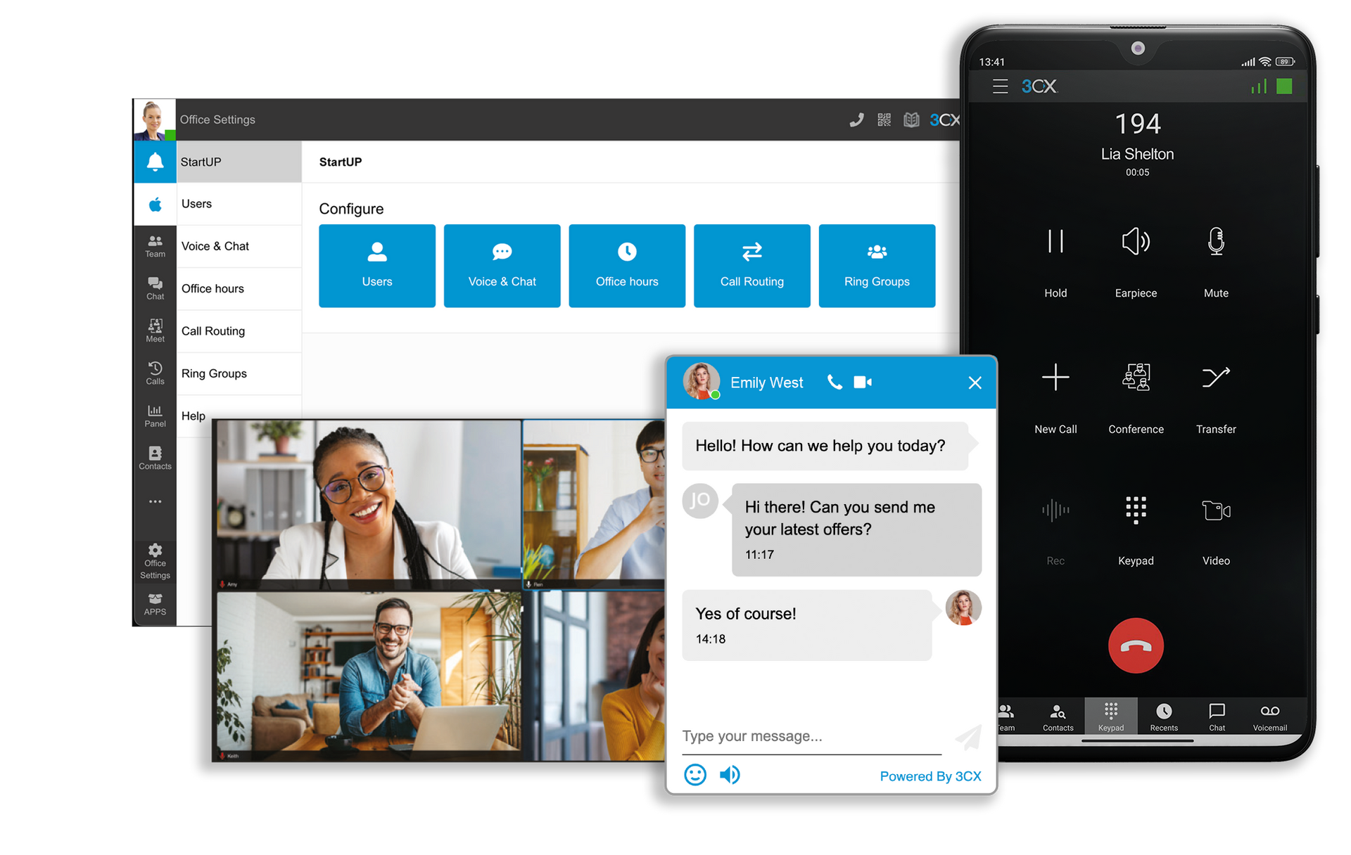 Desktop-Oberfläche und eine mobile App mit Videokonferenz-, Messaging- und Anruffunktionen für die Geschäftskommunikation.