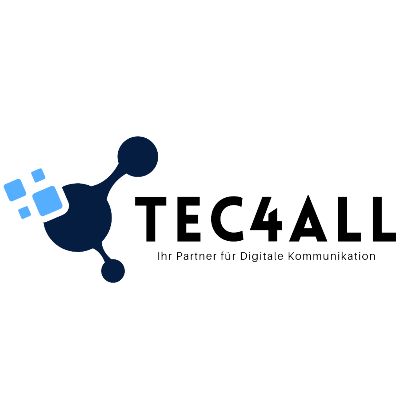 Logo für TEC4ALL mit einer dunkelblauen Molekülgrafik, hellblauen Quadraten und dem Text: TEC4ALL Ihr Partner für Digitales.