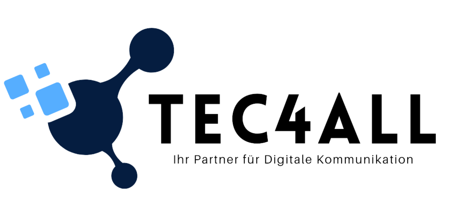 Logo für TEC4ALL mit einer dunkelblauen Molekülgrafik, hellblauen Quadraten und dem Text: TEC4ALL Ihr Partner für Digitales.