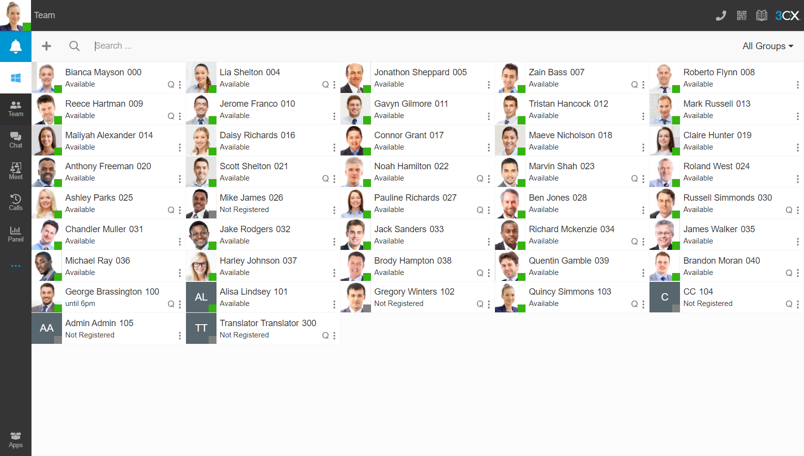 Ein Software-Dashboard zeigt eine Tabelle mit Kontaktprofilen an, die jeweils einen Namen, eine Statusanzeige 