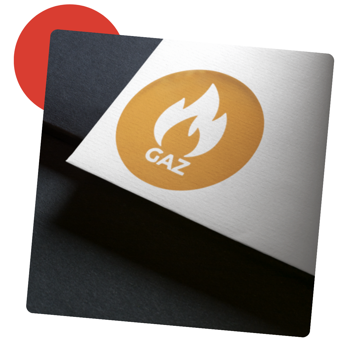 Carte blanche avec icône de flamme de gaz et « GAZ » sur fond noir avec un cercle rouge.